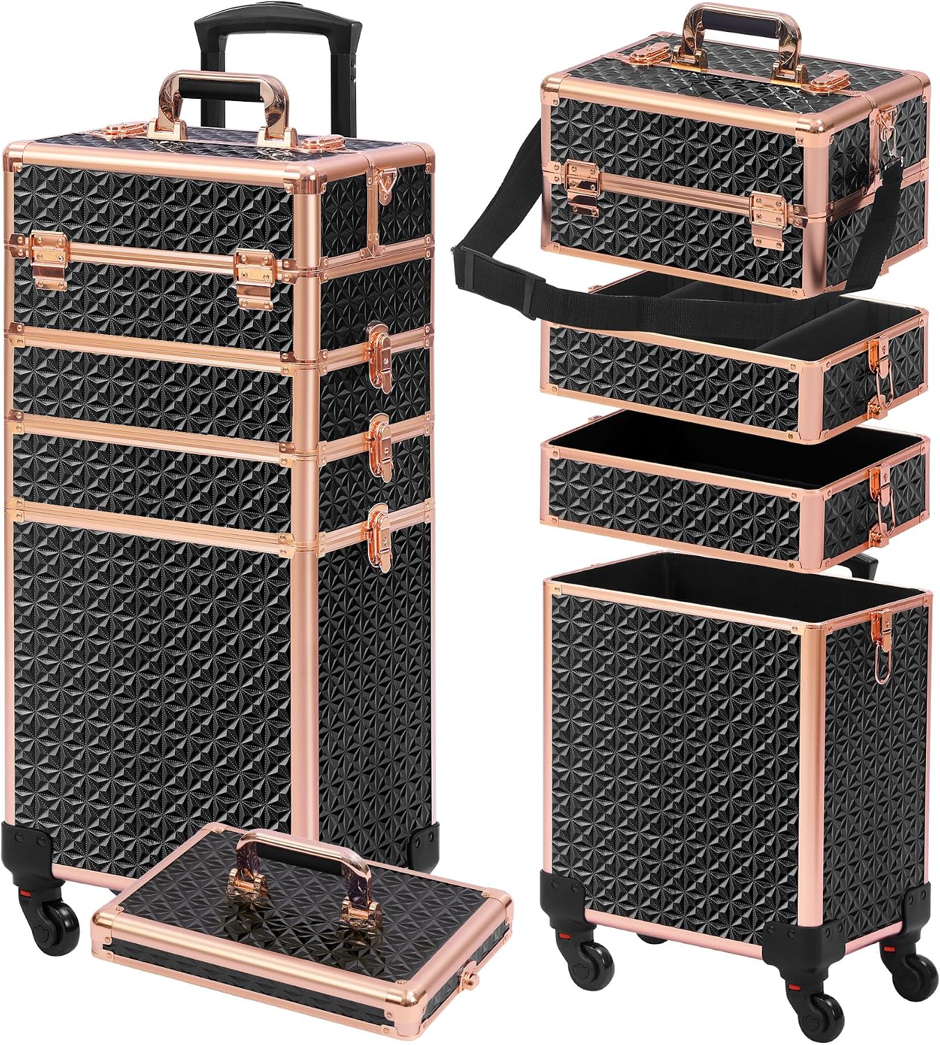Makeup - Schwarz-Goldener 5-in-1 Rollbarer Make-up-Koffer mit Deckel,